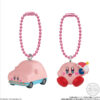 kirby-shokugan-5 Two Kirby Mascot Shokugan Wave 1 Box Keychain Collection keychains: one features Kirby as a pink car, and the other shows Kirby sitting while holding a red-and-white parasol. Both come with pink beaded keychain loops.
