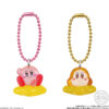 kirby-shokugan-6 Two Kirby Mascot Shokugan Wave 1 Box Keychain Collection keychains—one featuring Kirby and the other Waddle Dee sitting atop yellow stars—are shown attached to colored beaded chains against a white background.