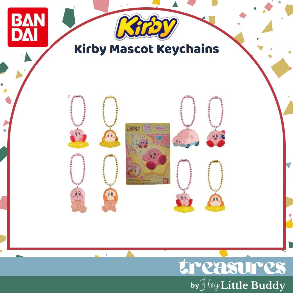 kirby-shokugan A set of six Kirby Mascot Shokugan Wave 1 Box keychains, featuring Kirby and other characters, displayed around the product box with Bandai and Treasures branding.