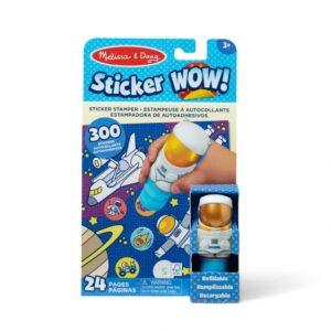 Melissa & Doug Sticker WOW Activity Pad features an astronaut stamper with refillable ink, 300 stickers, 24 pages, and is designed for ages 3 and up—all packaged in a fun space-themed design with planets and stars.