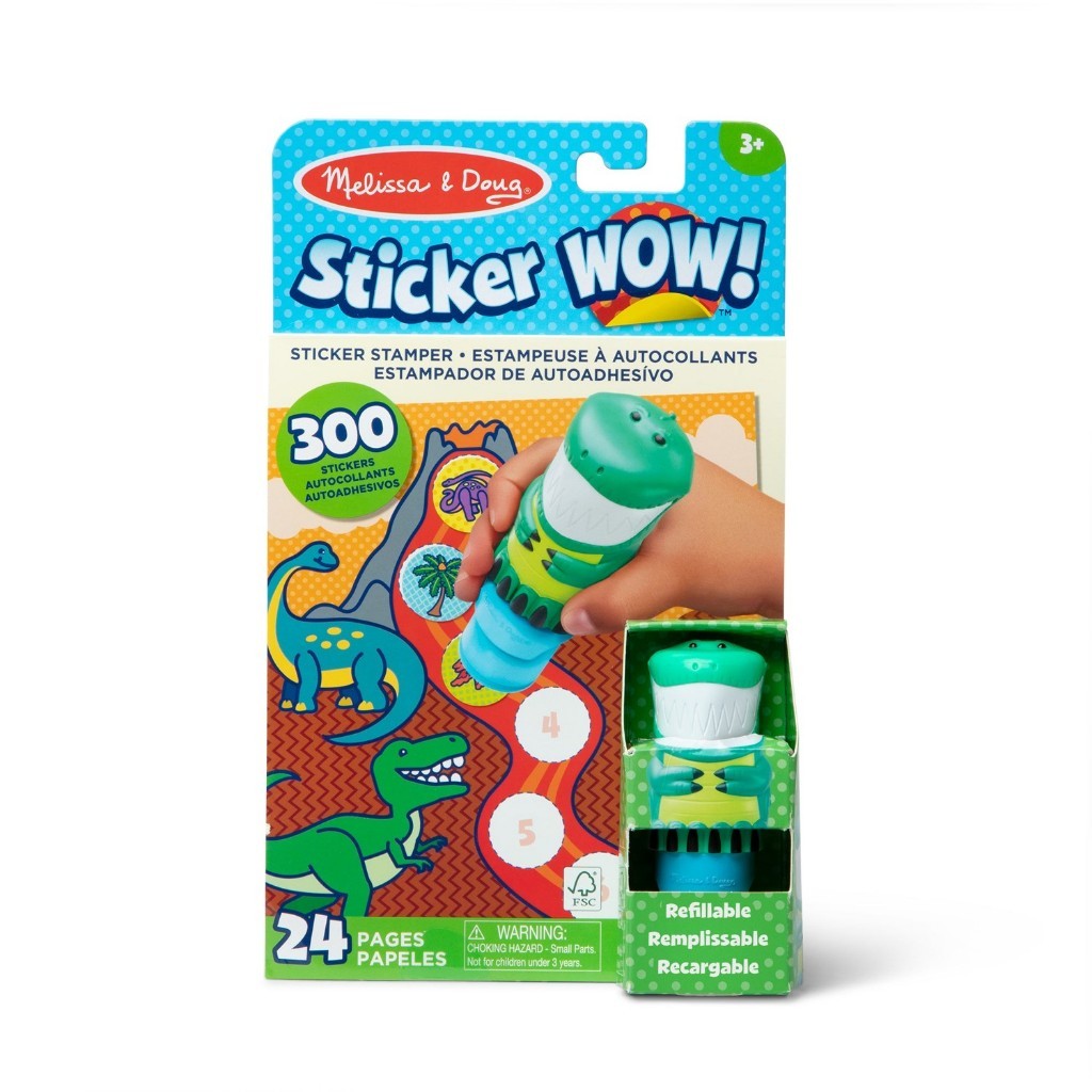melissadoug-stickerwow-3 Melissa & Doug Sticker WOW Activity Pad Sticker Stamper Mini Refill features a green and white dinosaur-themed stamper, comes with 300 stickers and 24 pages, and is suitable for ages 3 and up. The product is shown in its packaging.
