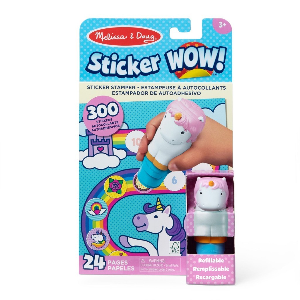 melissadoug-stickerwow-4 Melissa & Doug Sticker WOW Activity Pad Sticker Stamper Mini set for ages 3+, includes 300 stickers, 24 pages, a refillable stamper, and is shown in its packaging.