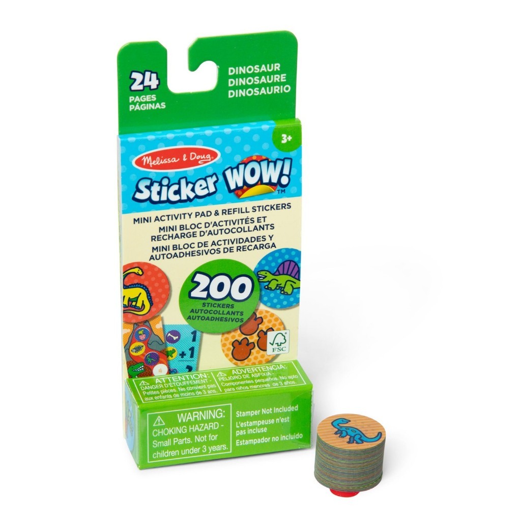 melissadoug-stickerwow-5 Box of Melissa & Doug Sticker WOW Activity Pad Sticker Stamper Mini Refill Stickers Water Wow Kids, featuring a 24-page mini activity pad with 200 stickers; stamper and warning label are visible.