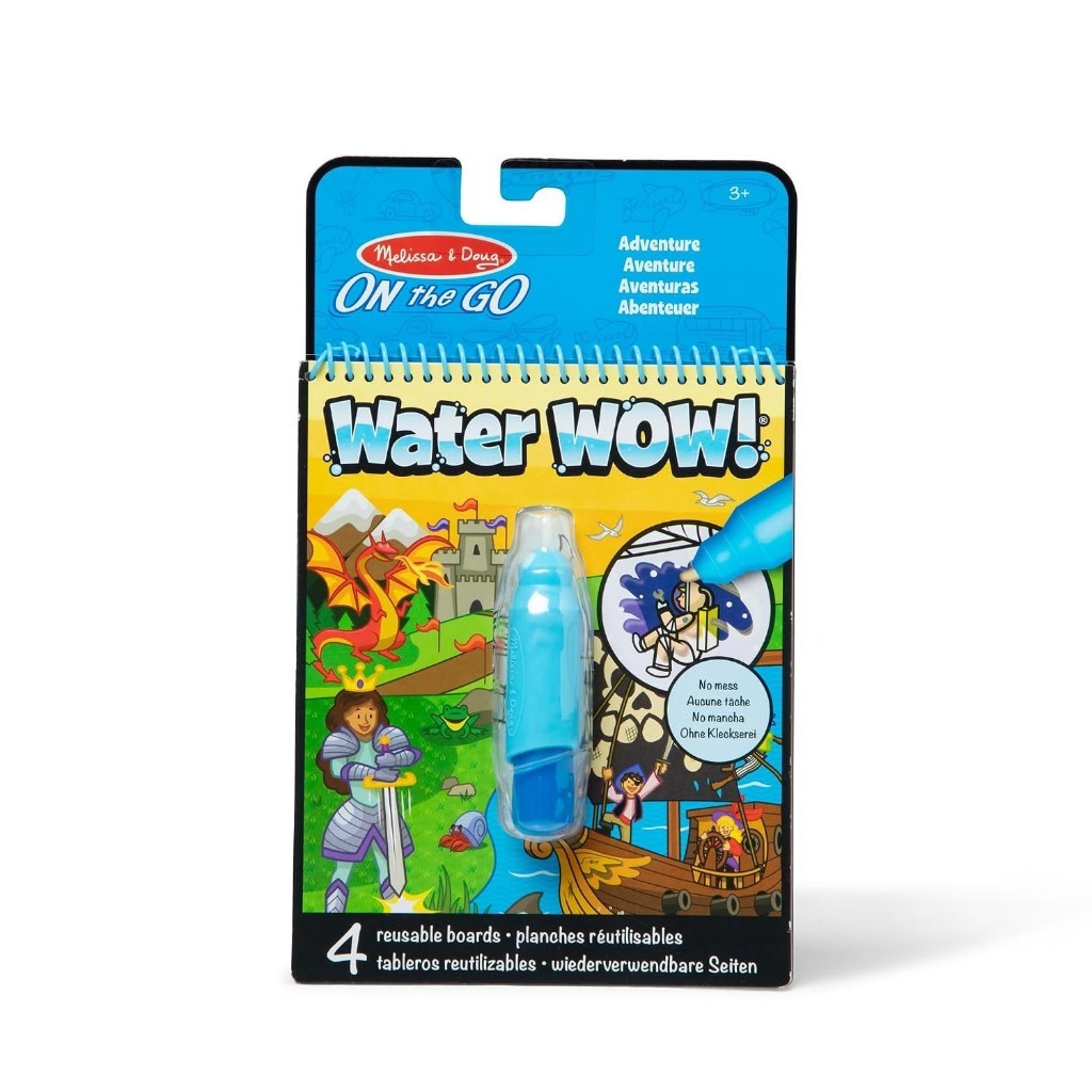 melissadoug-stickerwow-7 Front of a Melissa & Doug Sticker WOW Activity Pad Sticker Stamper Mini Refill Stickers Water Wow Kids package, displaying the product, reusable water pen, and illustrated adventure-themed scenes. For ages 3 and up.