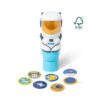 melissadoug-stickerwow-8 A Melissa & Doug Sticker WOW Activity Pad features a toy astronaut figure standing upright with seven colorful space-themed stickers arranged in a semicircle in front of it.
