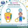 Two Ms Rachel Official Sensory Take-Along Toys: a plush block with a star and the Herbie Doll, both featuring yellow teether rings and blue stroller clips, suitable for ages 3 months and up.