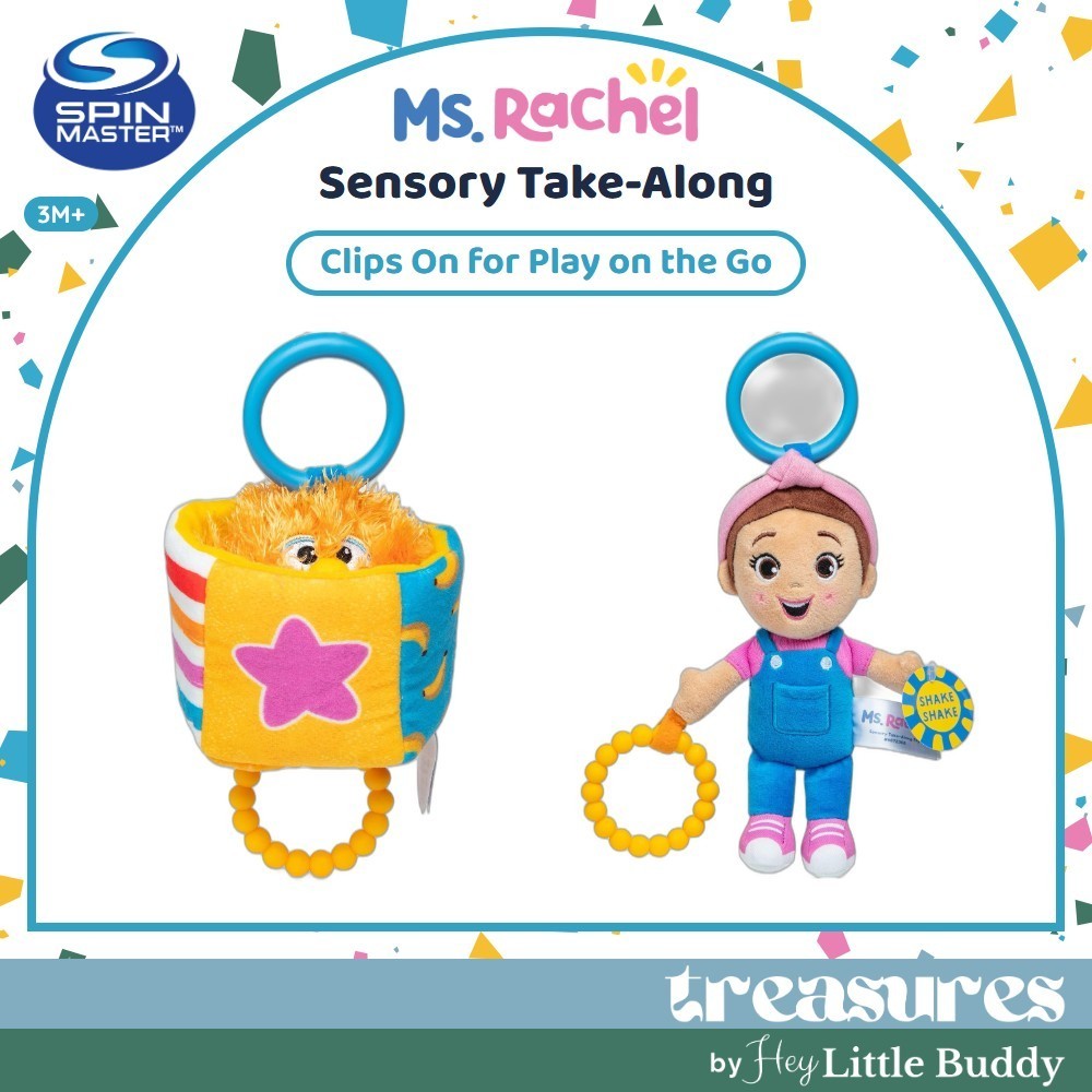 Two Ms Rachel Official Sensory Take-Along Toys: a plush block with a star and the Herbie Doll, both featuring yellow teether rings and blue stroller clips, suitable for ages 3 months and up.