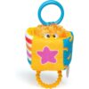 Ms Rachel Official Sensory Take-Along Toy Herbie Doll Baby Teether Rattle features a plush cube design with colorful patterns, a pink star, fuzzy orange top, blue ring handle, and a yellow bead ring at the bottom—perfect for babies 3 months and up.
