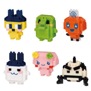Six pixelated animal and character figures from the Kawada nanoblock Tamagotchi mininano Blind Box First Generation Tamagotchi Mini Block Kit, built from colorful interlocking blocks, arranged in two rows of three on a plain white background.