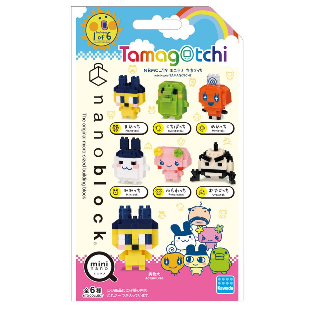 nanoblock-tamagotchi-136 Packaging for the Kawada nanoblock Tamagotchi mininano Blind Box First Generation Tamagotchi Mini Block Kit, featuring official branding, images of six collectible characters from the first generation, and illustrations of the completed mini block figures against a white background.