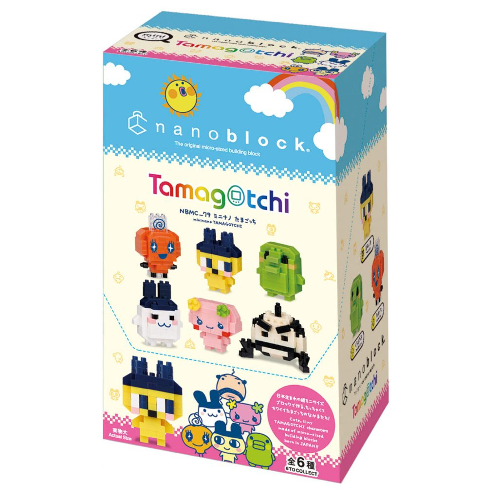 nanoblock-tamagotchi-137 Kawada nanoblock Tamagotchi mininano Blind Box First Generation Tamagotchi Mini Block Kit packaging featuring pixel-style character models, product branding, and colorful graphic designs on a white background.