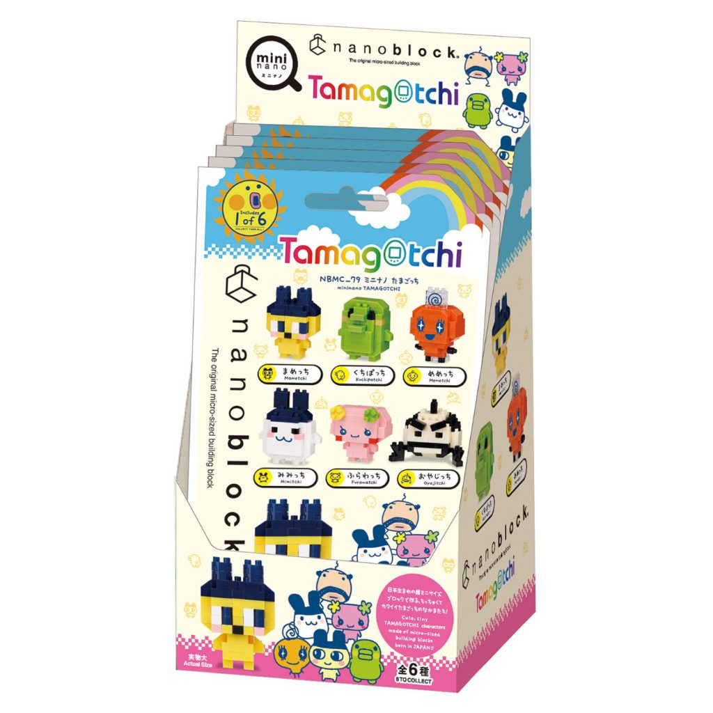 nanoblock-tamagotchi-138 Kawada nanoblock Tamagotchi mininano Blind Box First Generation Tamagotchi Mini Block Kit retail display box, featuring six collectible character designs and vibrant Tamagotchi-themed branding.