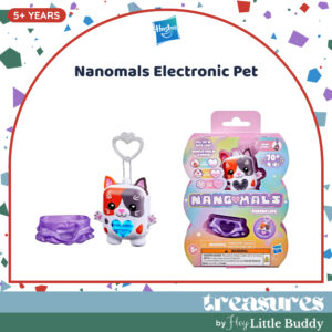 Hasbro Nanomals Purrnelope Calico Kitty Electronic Pet Interactive Fidget Toy set, featuring a keychain pet, purple accessory, and product packaging; recommended for ages 5 and up.
