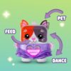nanomals-115 Hasbro Nano mals Purrnelope Calico Kitty Electronic Pet Interactive Fidget Toy Nanomals, featuring a toy cat character with brown and gray patches, a purple skirt, and a heart on its chest, is shown with labeled arrows—“Feed,” “Pet,” and “Dance”—against a green gradient background.