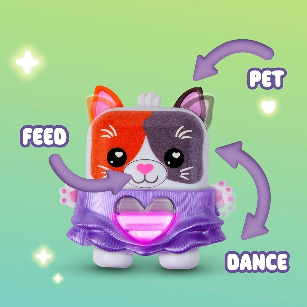 nanomals-115 Hasbro Nano mals Purrnelope Calico Kitty Electronic Pet Interactive Fidget Toy Nanomals, featuring a toy cat character with brown and gray patches, a purple skirt, and a heart on its chest, is shown with labeled arrows—“Feed,” “Pet,” and “Dance”—against a green gradient background.