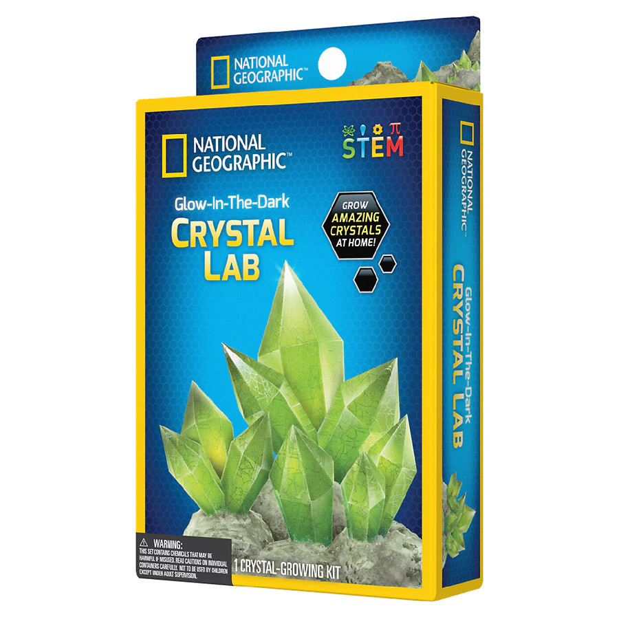 national-geographic-glow-in-the-dark-crystal-lab (1) National Geographic Glow In The Dark Crystal Lab Growing Kit Educational STEM Science Boy Girl Unisex box showing green crystals, featuring a STEM badge and phrases like 'Grow Amazing Crystals At Home' and 'Crystal-Growing Kit.'.