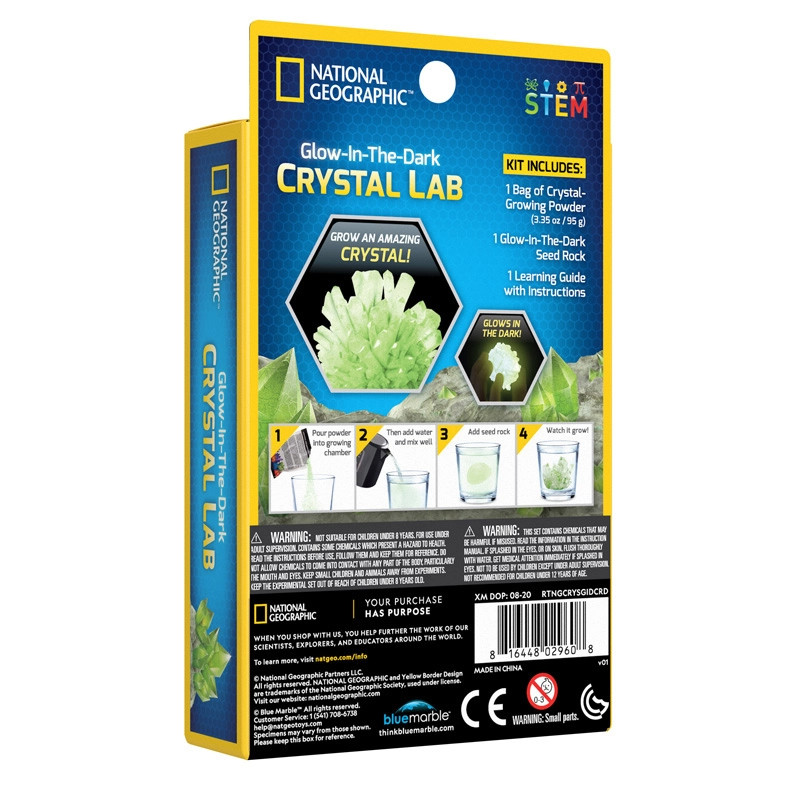 national-geographic-glow-in-the-dark-crystal-lab (2) National Geographic Glow In The Dark Crystal Lab Growing Kit Educational STEM Science Boy Girl Unisex. Contains crystal-growing powder, a glow-in-the-dark seed rock, and a learning guide. Box features an image of a grown crystal, with instructions on the side.