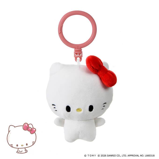 punicommu-nuikeychain-1 Punirunes PuniCommu Sanrio Characters Plush Keychain Bag Charm featuring My Melody, Kuromi, and Cinnamoroll with a colorful ring for attaching, displayed against a white background. The Sanrio logo and copyright information appear at the bottom.
