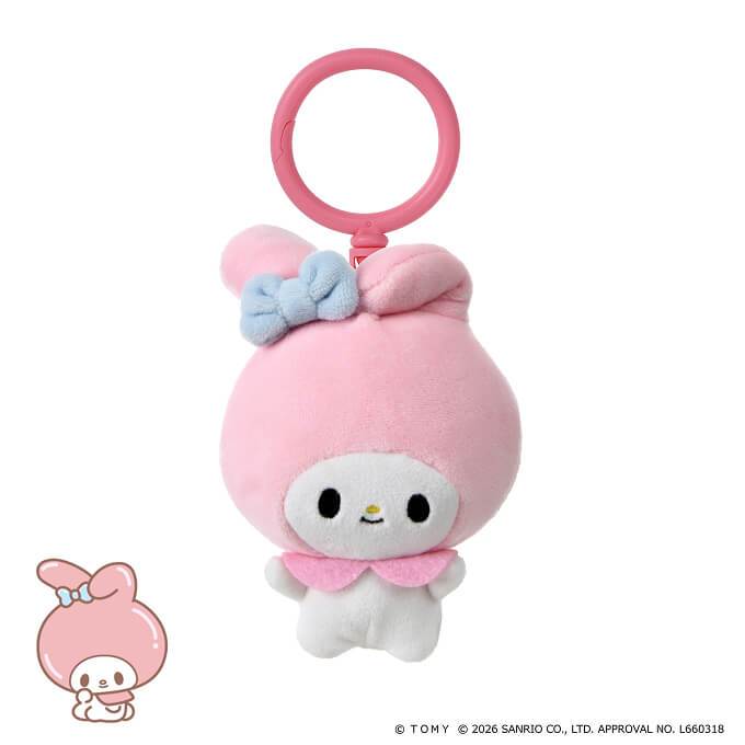 punicommu-nuikeychain-2 Punirunes PuniCommu Sanrio Characters Plush Keychain Bag Charm featuring My Melody with a pink loop, blue bow, and white face, pictured against a plain white background.
