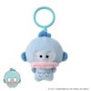 punicommu-nuikeychain-6 A Punirunes PuniCommu Sanrio Characters Plush Keychain Bag Charm featuring a blue fish with large eyes, a small fin on top, and a teal plastic clip; includes a cartoon illustration of the fish in the lower left corner.