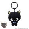 punicommu-nuikeychain-7 A Punirunes PuniCommu Sanrio Characters Plush Keychain Bag Charm featuring a black Kuromi cat with yellow inner ears, white eyes, and a blue collar. In the bottom left corner, there is a small illustration of the same Kuromi character.