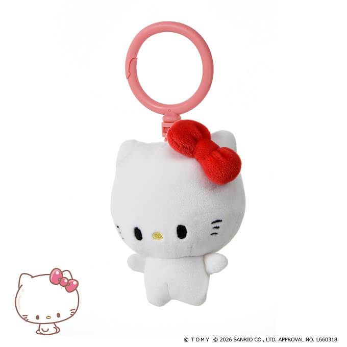 punicommu-nuikeychain-8 Plush Punirunes PuniCommu Sanrio Characters keychain bag charm featuring a My Melody, Kuromi, or Cinnamoroll design with a pink plastic ring, soft white body, colored details such as My Melody’s red or pink bow on the left ear, and black facial features. The bottom left corner displays the Sanrio logo and a small illustration of the selected character.