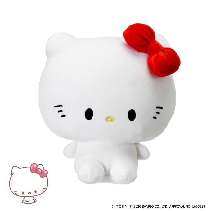 A Punirunes PuniCommu Sanrio Characters Plush Doll Soft Toy featuring Hello Kitty in white, with a red bow on her left ear, black eyes, a yellow nose, and no visible mouth, sitting upright against a plain white background.
