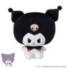 Punirunes PuniCommu Sanrio Characters Plush Doll Soft Toy featuring Kuromi, shown sitting upright with her signature black jester hat adorned with a pink skull, a white face, and small pink cheeks against a white background.