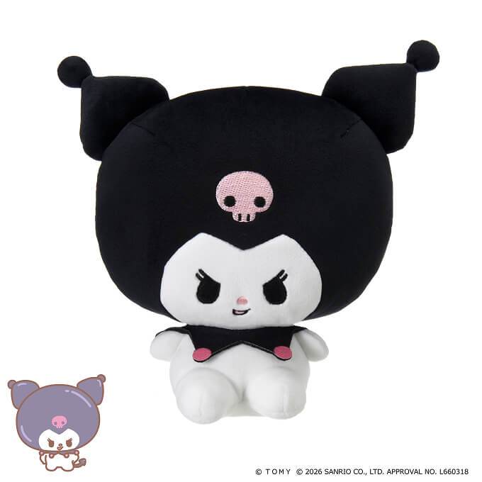 Punirunes PuniCommu Sanrio Characters Plush Doll Soft Toy featuring Kuromi, shown sitting upright with her signature black jester hat adorned with a pink skull, a white face, and small pink cheeks against a white background.