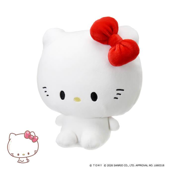 A Punirunes PuniCommu Sanrio Characters Plush Doll Soft Toy featuring Hello Kitty, showcases the iconic character with a white plush exterior and a red bow on her left ear, sitting upright against a plain white background.