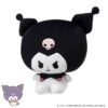 Punirunes PuniCommu Sanrio Characters Plush Doll Soft Toy featuring Kuromi, with a black jester hat adorned with a pink skull, a white face, and a small embroidered smile.