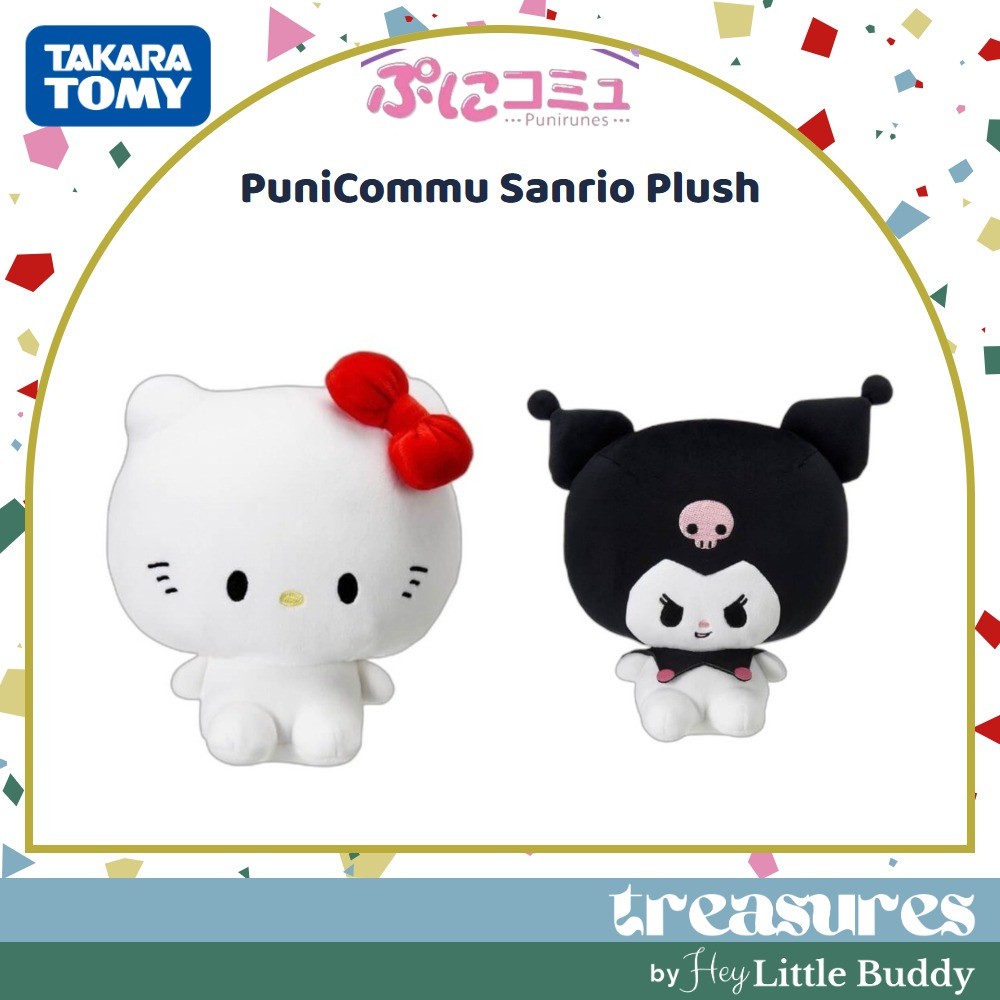 Two Punirunes PuniCommu Sanrio Characters Plush Dolls—one featuring Hello Kitty with a red bow and the other featuring Kuromi with a black jester hat and pink skull—are shown side by side against a white background.
