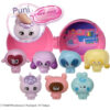punirunes-blindbox-1 Seven vibrant Punirunes Mini Figure Puni Runzu toys are arranged in front of a pink clamshell case, set against a cartoon room backdrop, with “Puni, Real-sized Punirunzu?!” displayed in the top left corner.
