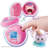 punirunes-blindbox-4 A hand presses a finger into a Punirunes Mini Figure Puni Runzu toy inside its pink electronic capsule, with on-screen text highlighting its soft texture and interactive features.