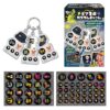 splatoon-gearcharm-1 The Bandai Splatoon 3 Gear Triple Custom Charm Acrylic Keychain Blind Box Shokugan includes a set of three acrylic keychain charms and a box, displayed alongside sheets of circular icons featuring various in-game symbols and gear abilities.
