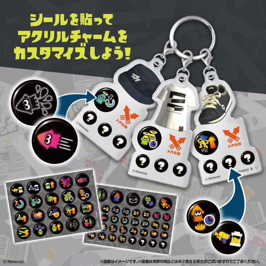 splatoon-gearcharm-3 Bandai Splatoon 3 Gear Triple Custom Charm Acrylic Keychain Blind Box Shokugan products, featuring Splatoon-themed acrylic charms and sticker sheets for customization, are displayed on a gray background with Japanese text.