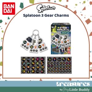 Bandai Splatoon 3 Gear Triple Custom Charm Acrylic Keychain Blind Box Shokugan displayed with its packaging and detailed close-ups of the various gear icon charms; officially licensed by Bandai.