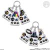 splatoon-gearcharm-7 Bandai Splatoon 3 Gear Triple Custom Charm Acrylic Keychain Blind Box Shokugan features two keychains, each with five acrylic charms showcasing Splatoon gear items such as clothing, shoes, hats, and gear icons—all presented on a white background.