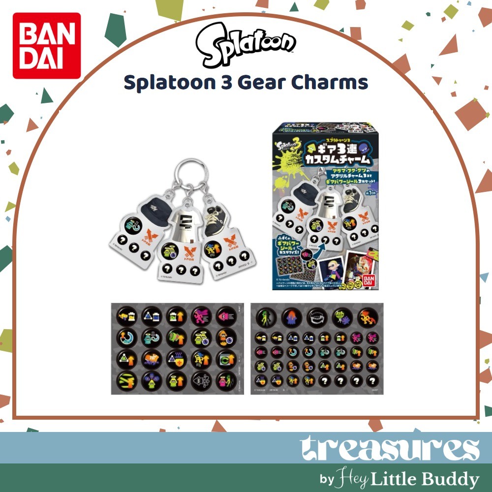 splatoon-gearcharm Bandai Splatoon 3 Gear Triple Custom Charm Acrylic Keychain Blind Box Shokugan displayed with its packaging and detailed close-ups of the various gear icon charms; officially licensed by Bandai.