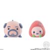 tamagotchi-frienddoll-6 Two Bandai Tamagotchi Otomodachi Friend Doll Flocked Figures: one featuring Mametchi with a bald head, mustache, and blue eyebrows, the other resembling a pink strawberry character with a face and green base.