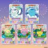 tamagotchi-gotchicard3-pack-3 Five colorful trading cards from the “Tamagotchi New Gotchi Card 3 Bandai Carddass Trading Card Pack Tama Paradise Series” are displayed against a festive background of fireworks and confetti. Each card features a unique Tamagotchi character with Japanese text. ©BANDAI.