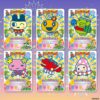 tamagotchi-gotchicard3-pack-4 Six vibrant collectible cards from the Tamagotchi New Gotchi Card 3 Bandai Carddass Trading Card Pack (Tama Paradise Series) showcase playful animal-themed cartoon characters with Japanese text and decorative backgrounds. The BANDAI logo is visible in the corner.