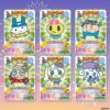 tamagotchi-gotchicard3-pack-5 Six vibrant Tamagotchi New Gotchi Card 3 Bandai Carddass trading cards from the Tama Paradise Series are displayed in two rows, each featuring a unique cartoon character with stats and festive decorations set against a fireworks-themed background.