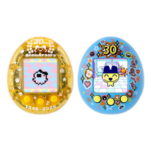 Two Bandai Tamagotchi Nano Colorful Mametchi Memories 30th Anniversary Yellow Blue Vpet Virtual Pet devices, featuring pixel characters and special “30th Anniversary” designs, commemorate the years 1996–2026.