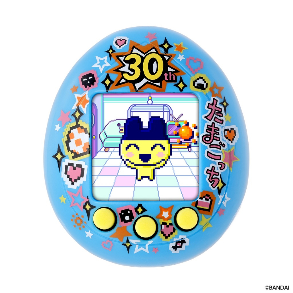 tamagotchi-nanocolorful-mametchimemories-123 Bandai Tamagotchi Nano Colorful Mametchi Memories 30th Anniversary Yellow Blue Vpet Virtual Pet featuring a blue device with colorful patterns and “30th” text, displaying a digital pet on the screen in a pixel art-decorated room.