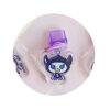 tamagotchi-uni-dustplug-6 A Tamagotchi Uni Keychain Dust Plug acrylic charm featuring a cartoon character with blue eyes, a black hat, and a purple attachment, shown on a textured surface.