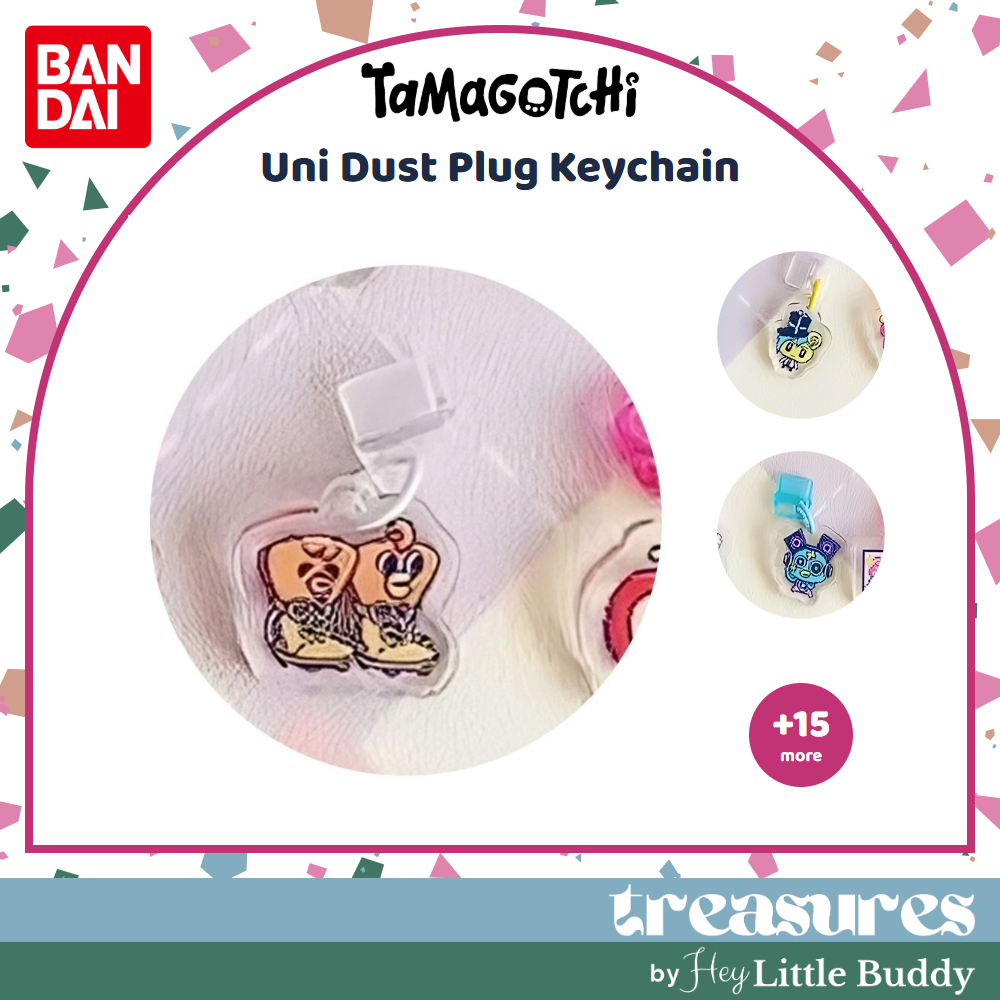 tamagotchi-uni-dustplug Tamagotchi Uni Keychain Dust Plug Acrylic Keychain Charm for mobile phones with Type C ports, featuring a cartoon character design; shown in close-up and additional small preview images.